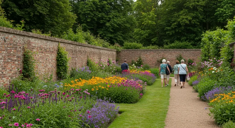 Baumber Walled Garden with vibrant flowers, historic brick walls, and lush greenery.