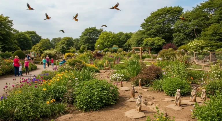 Filey Bird Garden and Animal Park showcasing lush gardens, exotic birds, and meerkats.