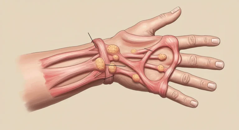 Hand showing Loguytren problems (Dupuytren’s contracture) with thickened tissue and bent fingers.