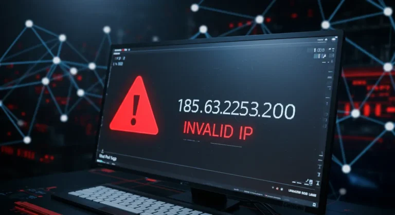 Invalid IP address 185.63.2253.200 warning on a computer screen.