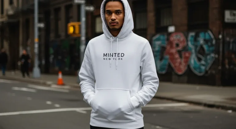 Minted New York White Hoodie Small worn by a model in an urban setting