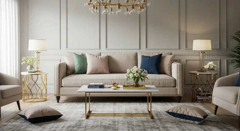 What colours go with mink sofa in a stylish living room