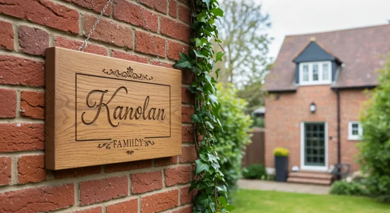 wooden and sign mounted on brick wall with engraved family name