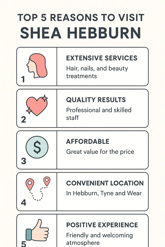 Top 5 Reasons to Visit Shea Hebburn” (include service highlights, price/value, location benefit)