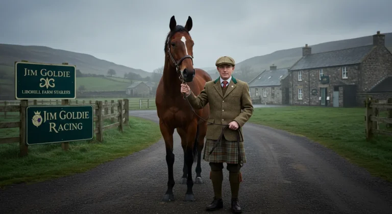 Jim Goldie standing beside a racehorse at Libohill Farm Stables in Scotland, representing Jim Goldie Racing with the rural stable setting in the background.