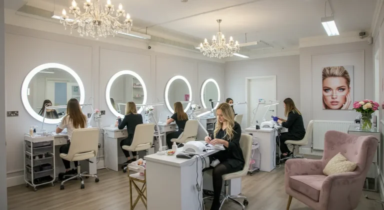 Interior of Shea Hebburn salon in Tyne and Wear, showing women receiving hair and beauty treatments in a stylish, modern UK setting.