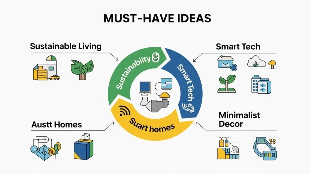 Must have ideas UK infographic of eco-friendly, smart home, and minimalist décor solutions