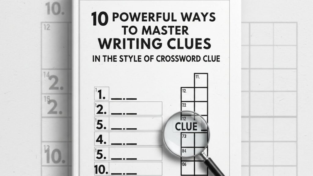 Person writing clues in the style of crossword clue, surrounded by crossword grids and wordplay hints.