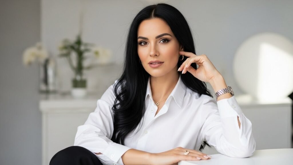 Nada Adelle : Stylish woman in her late 20s or early 30s with long dark hair, portraying elegance and confidence. Modern, chic style reflecting empowerment and beauty.